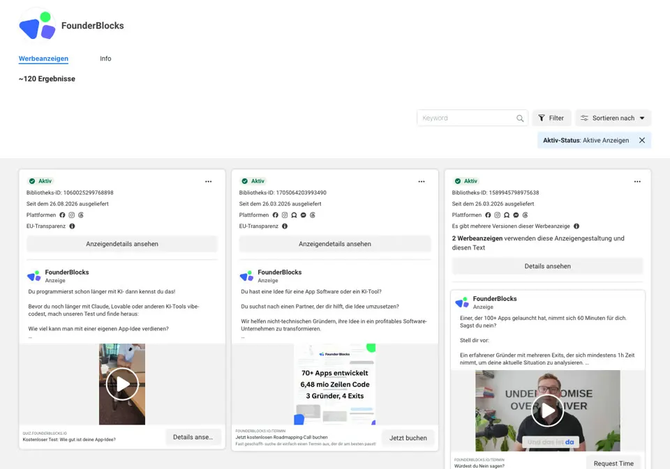 Ausschnitt aus der Meta-Werbebibliothek von FounderBlocks